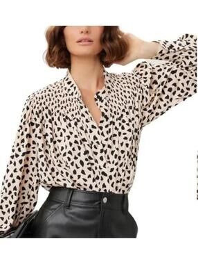Thakoon Beige Black Animal Print Smocked Top Blouse Size Women's XS NWT